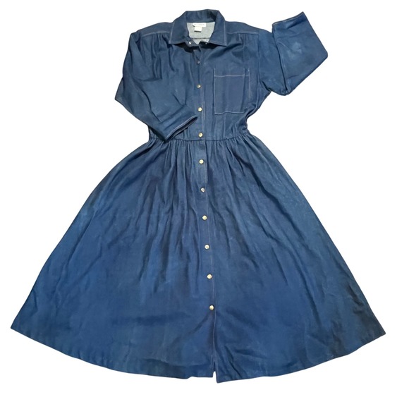 VTG Apostrophe Denim Dress Shirt Dress Button Front Midi 3/4‎ Sleeve Size 12 USA - Picture 1 of 6